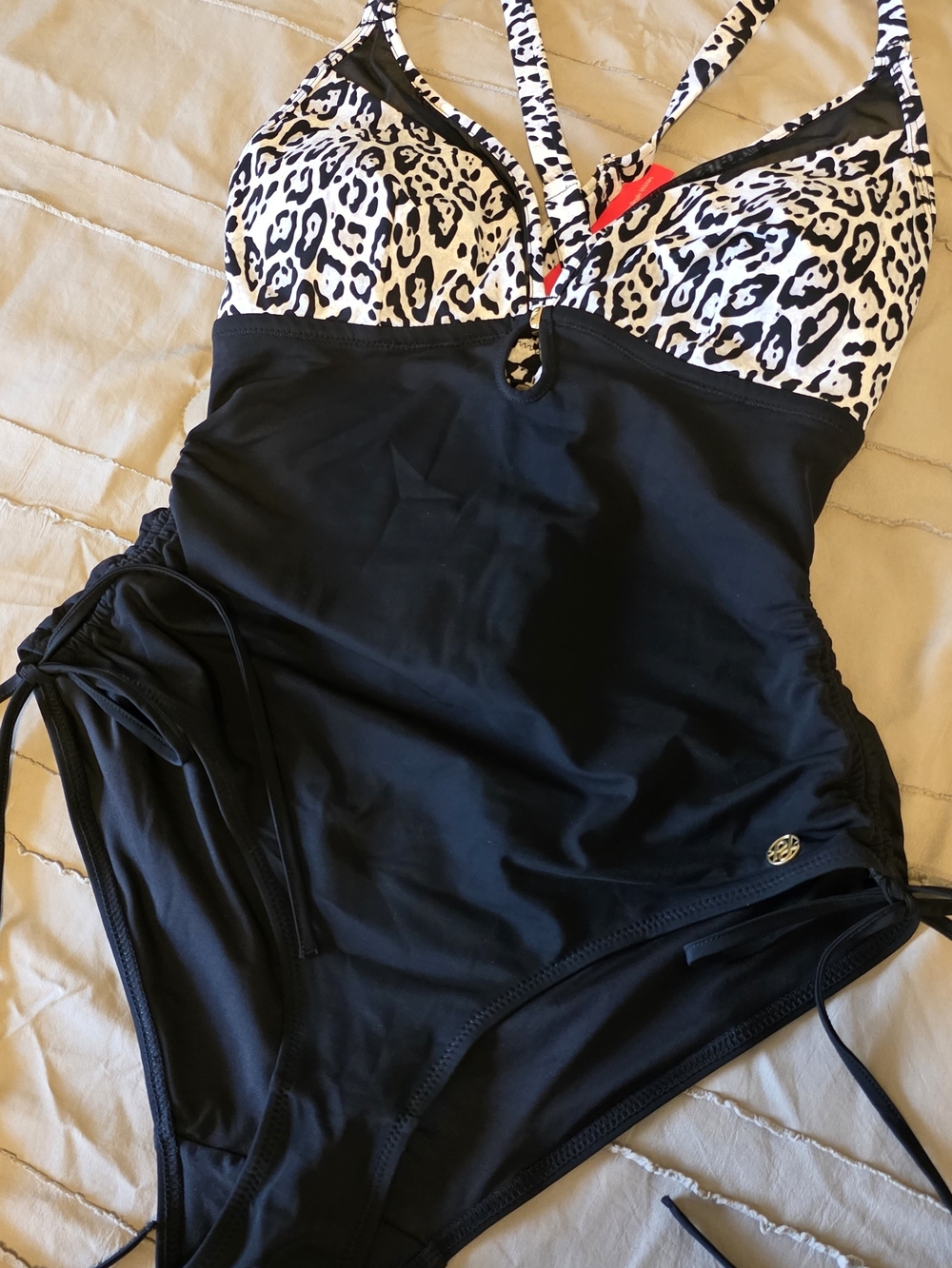 Black One-Piece Swimsuit with Leopard Print Bust